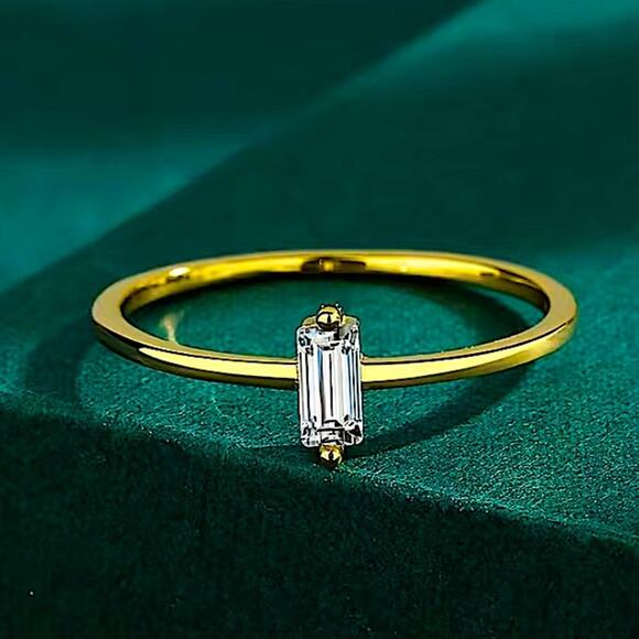Gold Rectangular Cubic Zircon Ring Minimalist, Dainty Diamond - Picture 2 of 6